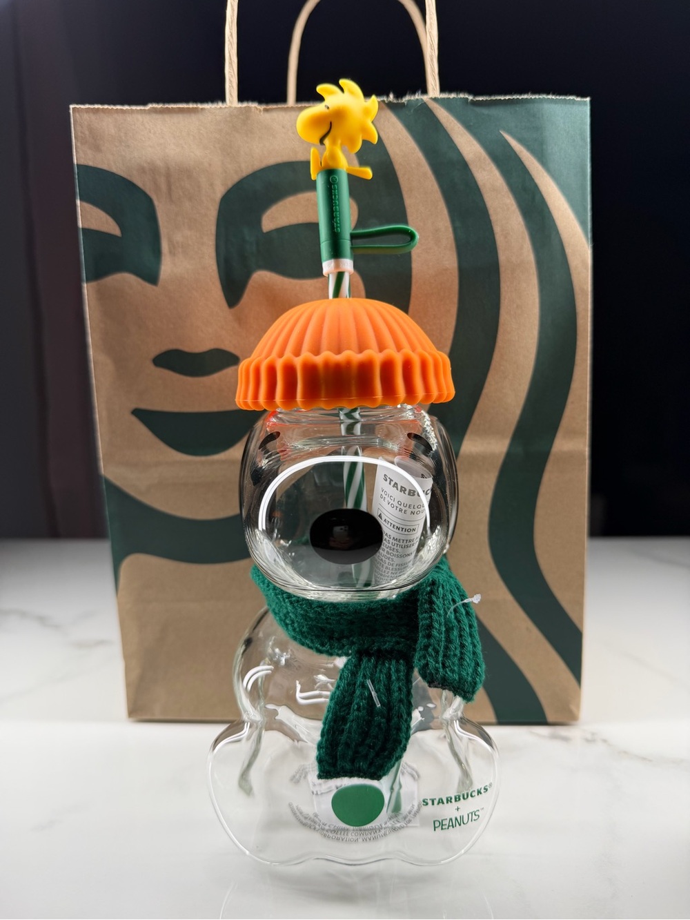 Starbucks Peanuts Snoopy Cup with Orange Hat and Green Scarf